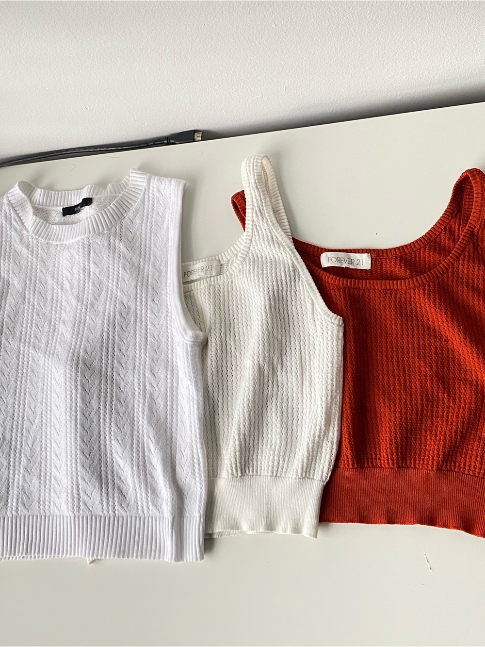 Forever 21 White, Cream & Rust Orange Knit Tank Trio - Scoop & Crew Neck pack 3